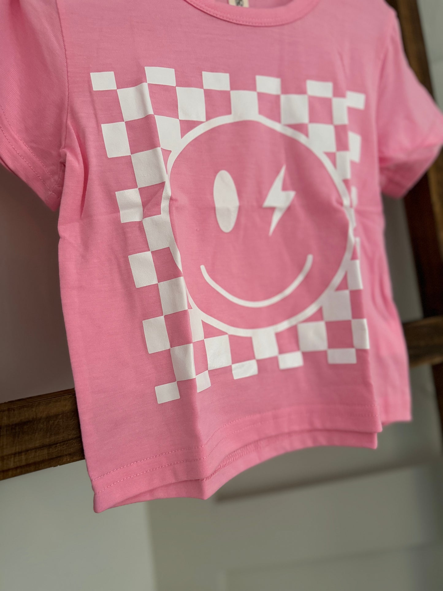 Pink Checkered Smiley Tee